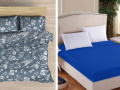 A Akce 1+1 1x Flora Indigo pozitiv FLANEL 1x 140/220 + 1x 70/90 + 1x Prostěradlo Deluxe s lycrou tmavě modrá 180/200/30 ZDARMA