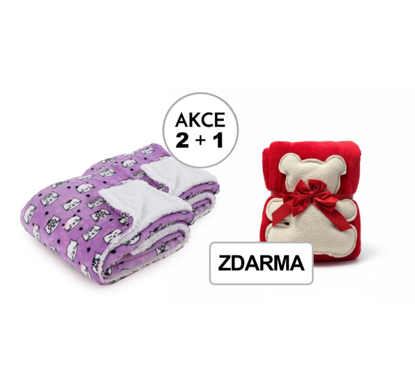 A Akce 2+1 Dětská deka PZ 024 tisk 2x Kočka fialová 150/100 + 1x Medvídek chundelatý 150/100