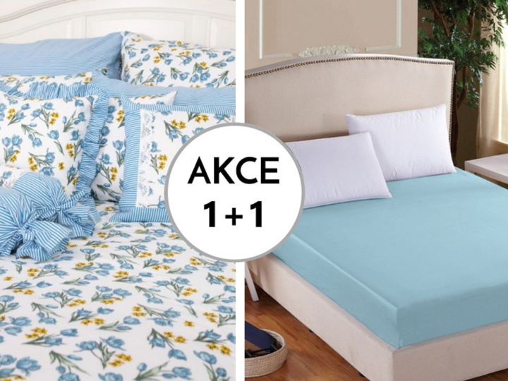A Akce 1+1 1x Prostěradlo Deluxe s lycrou světle modrá 180/200/30 + 1x Tulipány/modrý proužek KREP 2