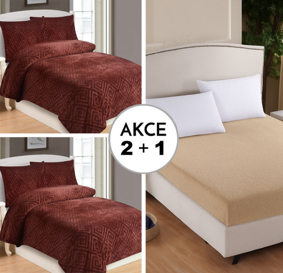 A Akce 2+1 HOME Azték cihlový 2x 140/200 + 1x 200/220/30 prostěradlo mikroflanel Entuzia Deluxe Smetanová