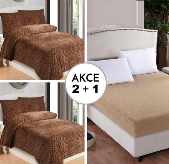 A Akce 2+1 HOME Azték Oříškový 2x 140/200 + 1x 200/220/30 prostěradlo mikroflanel Entuzia Deluxe Kávová
